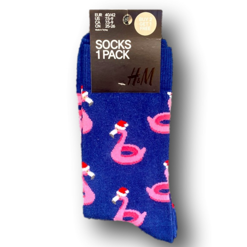 3/$18 Pink Flamingos With Santa Hats Christmas Holiday Funny Socks - Brand New